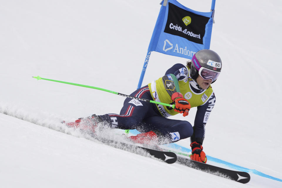 Norway's Lucas Braathen speeds down the course during a men's World Cup giant slalom race, in Soldeu, Andorra, Saturday, March 18, 2023. (AP Photo/Giovanni Zenoni)