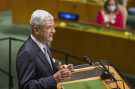 In this photo provided by the United Nations, Volkan Bozkir, president of the seventy-fifth session of the United Nations General Assembly, speaks, Tuesday, Sept. 22, 2020, at U.N. Headquarters in New York. The U.N.'s first virtual meeting of world leaders started Tuesday with pre-recorded speeches from some of the planet's biggest powers, kept at home by the coronavirus pandemic that will likely be a dominant theme at their video gathering this year. (Eskinder Debebe/UN via AP)