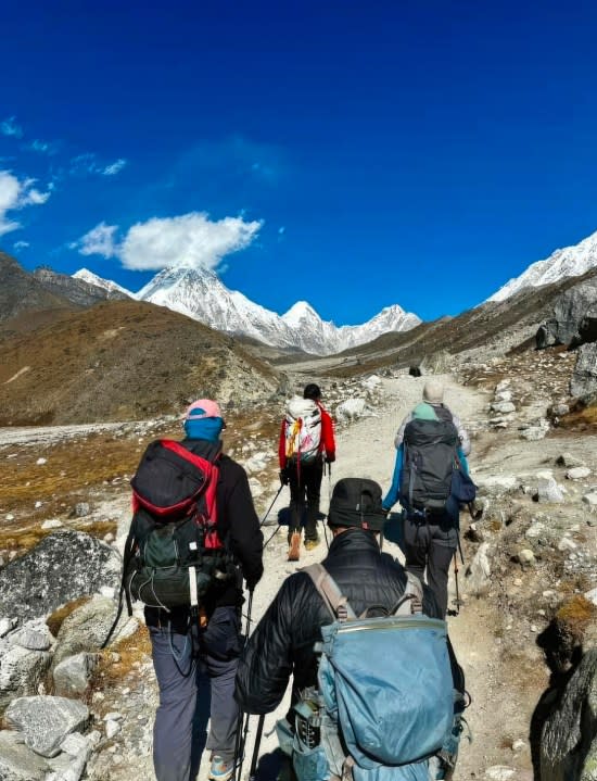 Walnut Creek Councilmember, Kevin Wilk, climbs with the expedition team at 16000” during his recent trip to the Mount Everest South Base Camp at 17,598″ in Nepal. He could only think about putting one foot in front of the other, breathe, one foot, breathe in, one foot, breathe out. Every step took concentration. Wilk left on Oct. 26 and returned on Nov. 18, 2023 with the ascent taking nine days and decent five days. He was on the mountain for a total of 15 days. (Kevin Wilk via Bay City News)