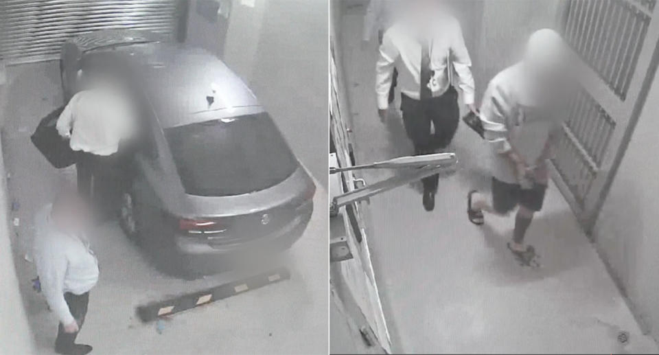 Black and white police footage showing a man being arrested. Left: Police standing near and leaning into car, and right: Man in hoodie with face blurred being led down corridor by police.