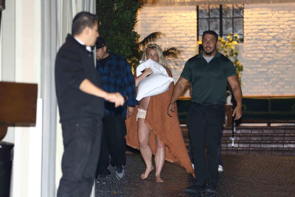 Britney Spears leaves a luxury hotel in Los Angeles after a huge fight.