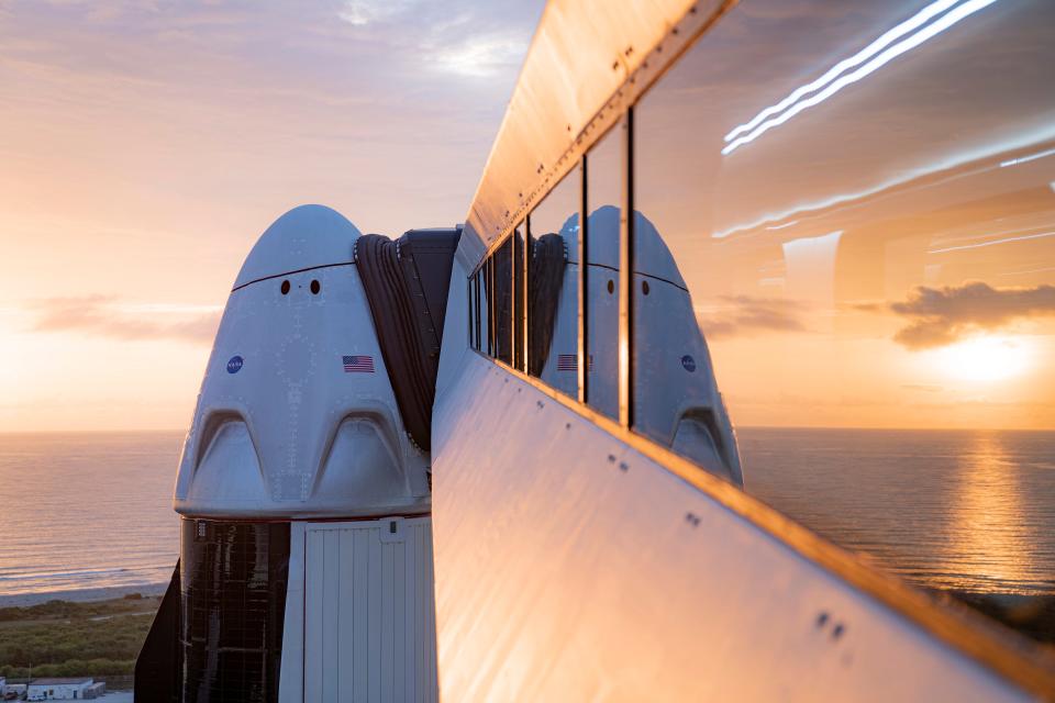 SpaceX's Crew Dragon will launch from Kennedy Space Center in Florida. At right is the crew access arm, which astronauts walk across to enter the spacecraft.