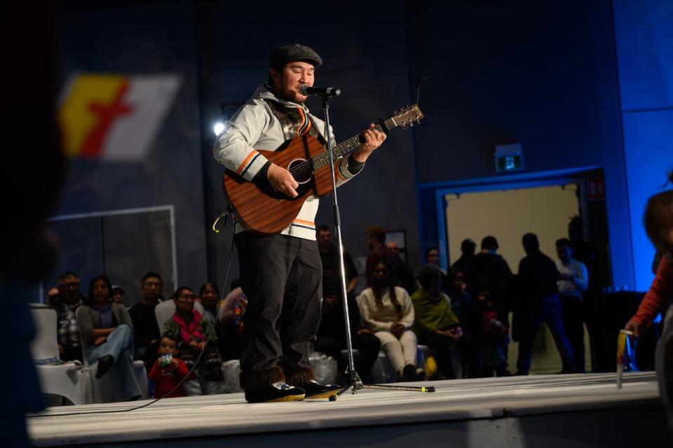 Terry Uyarak, an Inuk singer and songwriter from Igloolik, Nunavut, performed at a public event following the signing of the Nunavut devolution agreement. Organizers said they wanted to celebrate young people at the event because the agreement will shape the future of the territory and how decisions are made.