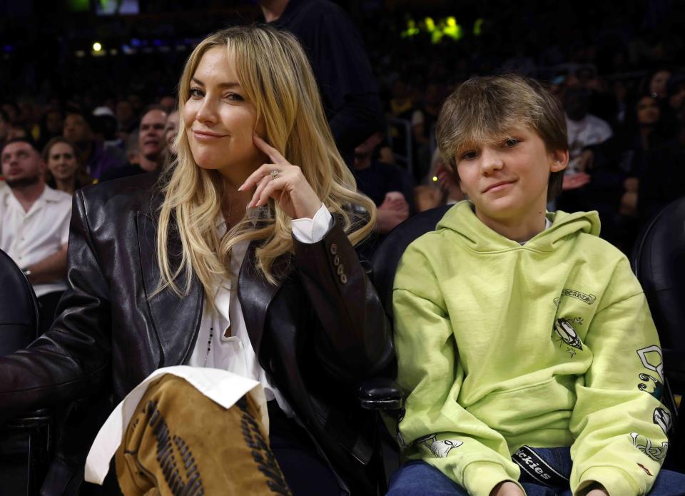 <p>Kevork Djansezian/Getty</p> Kate Hudson and son Bingham