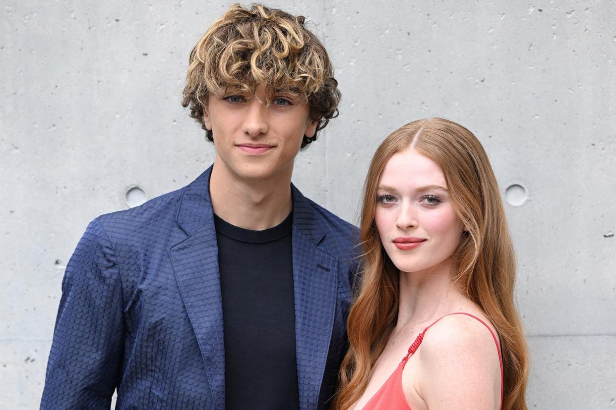 MILAN, ITALY - FEBRUARY 24: Gavin Casalegno and Larsen Thompson are seen arriving at the Emporio Armani fashion show during the Milan Fashion Week Fall/Winter 2022/2023 on February 24, 2022 in Milan, Italy. (Photo by Daniele Venturelli/WireImage)