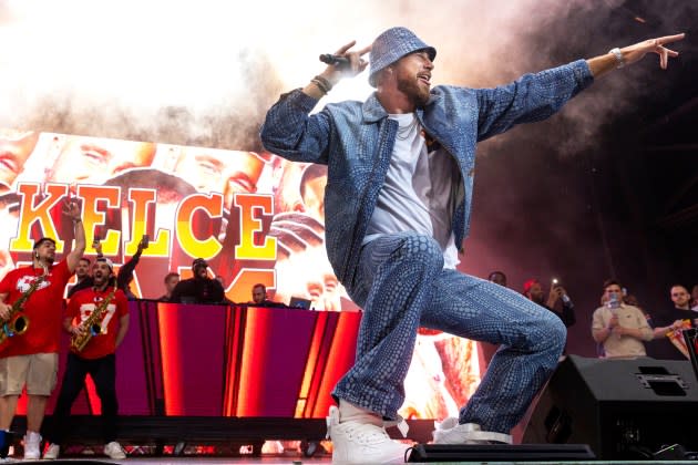 Travis Kelce during the Kelce Jam at Azura Amphitheatre on April 28, 2023 in Bonner Springs, Kansas.  - Credit: Barry Brecheisen/Getty Images