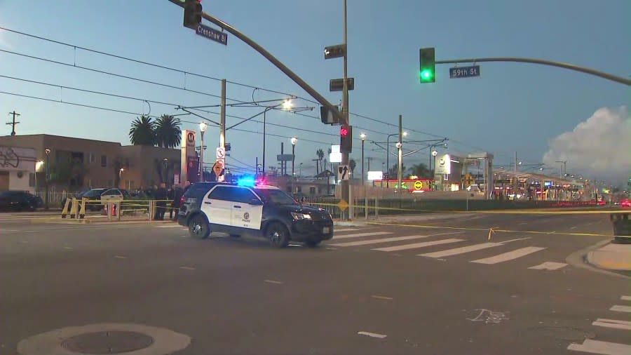 A man was fatally shot at the Hyde Park K-Line Metro Station in South L.A. on Dec. 30, 2023. (KTLA)