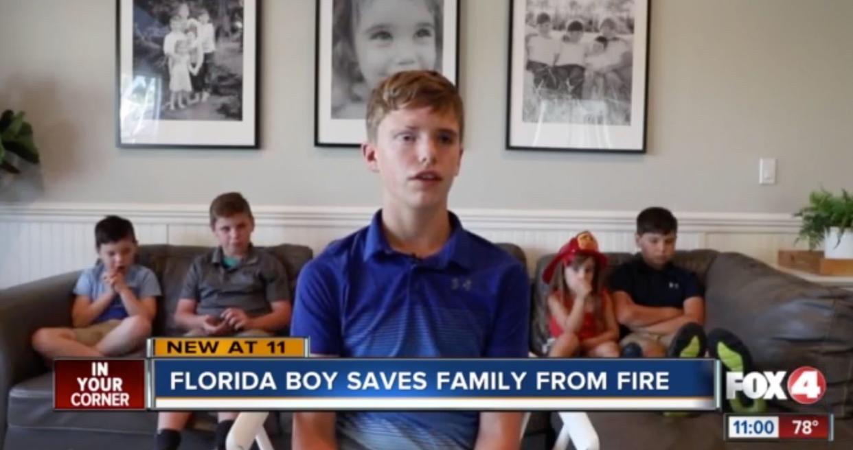 Austin West, 12, was able to get his three brothers and sister to safety after spark from a mini fridge ignited a fire. (Photo: FOX 4)