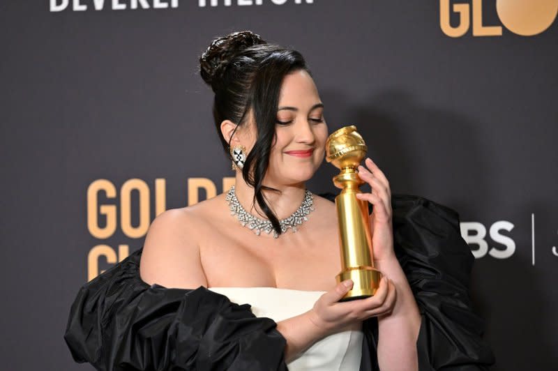 Lily Gladstone appears backstage after winning the Golden Globe for Best Performance by a Female Actor in a Motion Picture – Drama earlier this month. Photo by Chris Chew/UPI