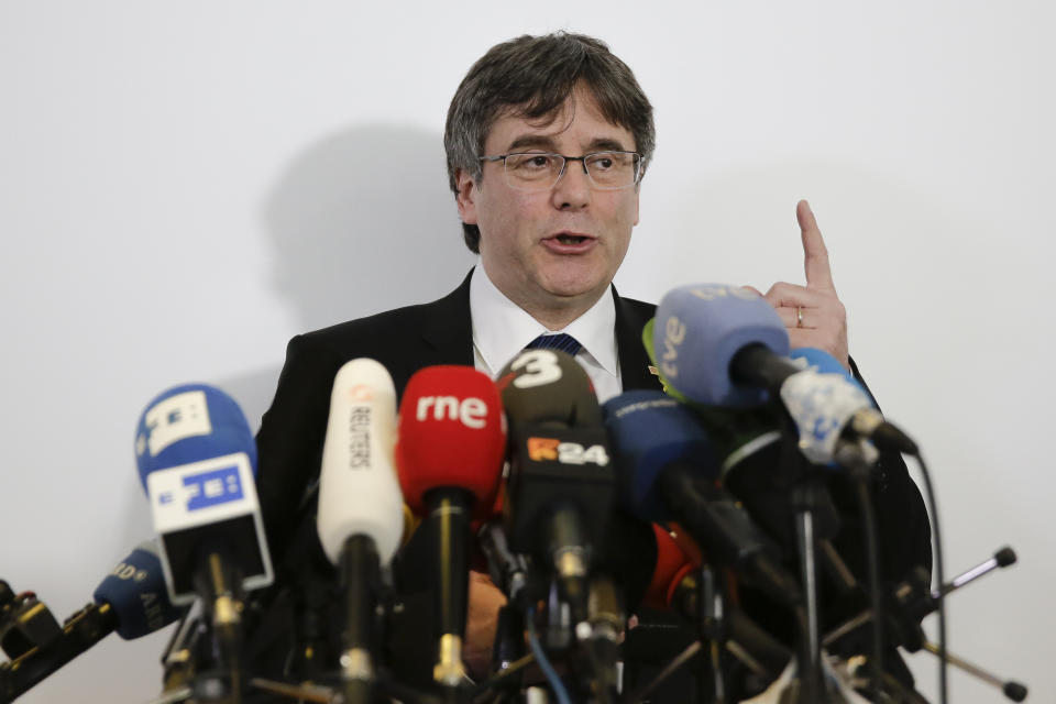 Former Catalan leader Carles Puigdemont attends a news conference in Berlin, Germany, Tuesday, Feb. 12, 2019. (Photo/Markus Schreiber)