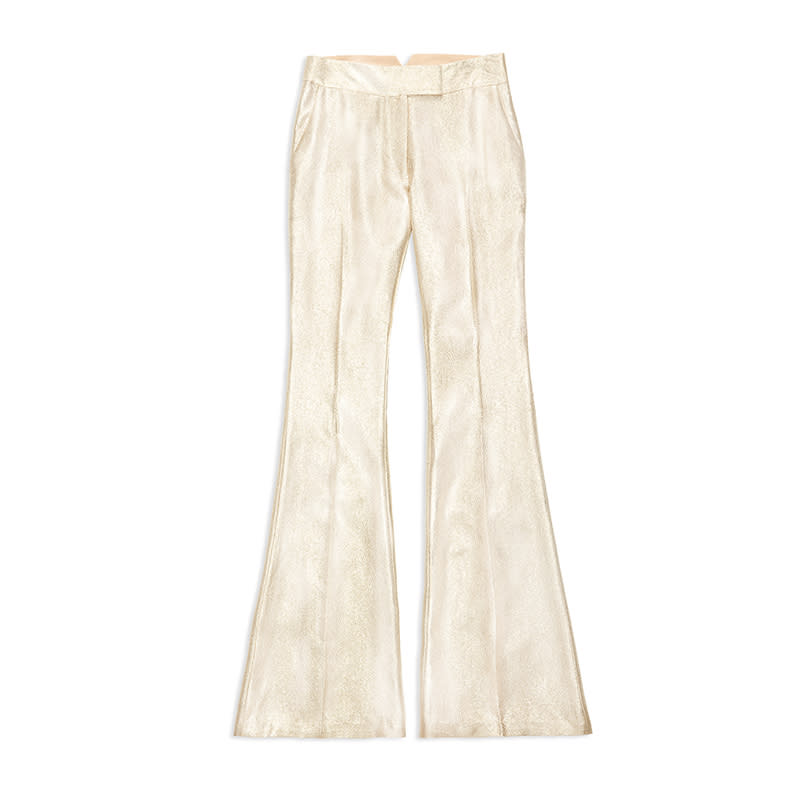 <p><span><span><a rel="nofollow noopener" href="https://shoprachelzoe.com/shop/new-arrivals/rena-flared-metallic-trousers/" target="_blank" data-ylk="slk:Rena Flared Metallic Trousers;elm:context_link;itc:0;sec:content-canvas" class="link ">Rena Flared Metallic Trousers</a>,<span> $395 $237</span></span></span></p>