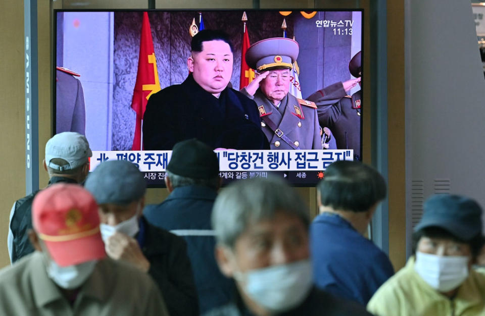 North Korea's leader Kim Jong Un looms on a public television at a railway station in Seoul, South Korea, on October 10, 2020.<span class="copyright">Jung Yeon-Je—AFP/Getty Images</span>