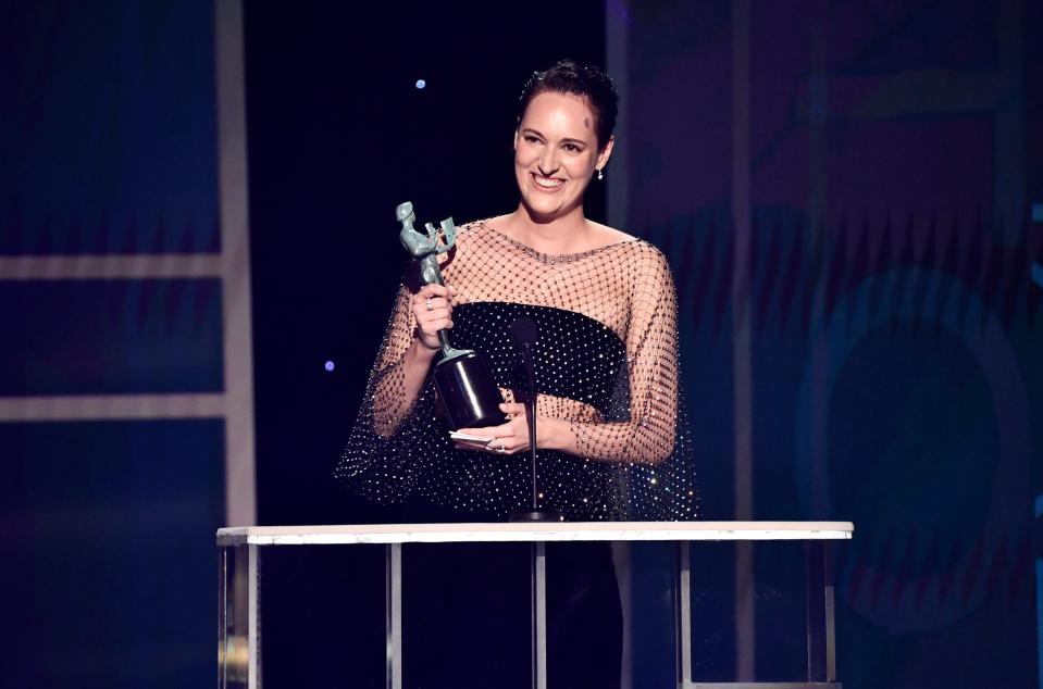 Phoebe Waller-Bridge, seen accepting a Screen Actors Guild award for "Fleabag," will produce and star with Donald Glover in a TV series version of "Mr. and Mrs. Smith," the 2005 film famed for pairing Brad Pitt and Angelina Jolie.