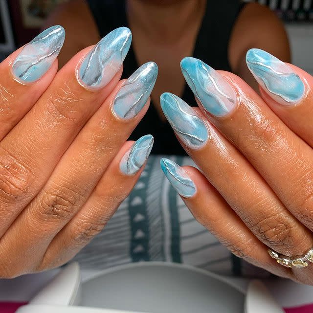 13) Icy Blue and Silver Abstract Nails
