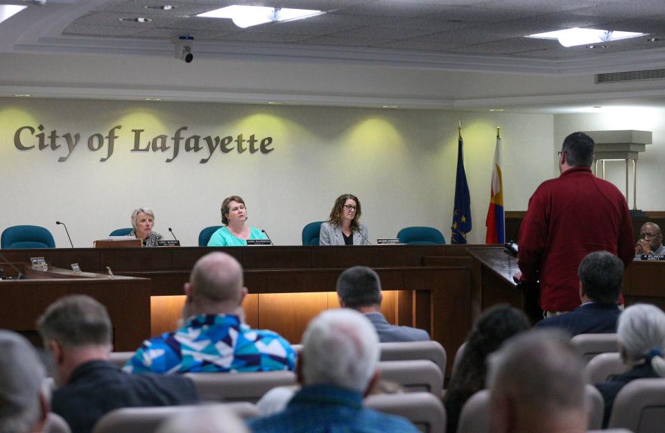 The Lafayette City Council listens to Kevin Riley an attorney from Reiling Teder & Schrier, who was representing Carr Family Farm LLC, explain why the Carr Family decided to resubmit a request for a voluntary annexation into the City of Lafayette, at May's Lafayette City Council meeting, on Monday, May 1, 2023, in Lafayette, Ind.