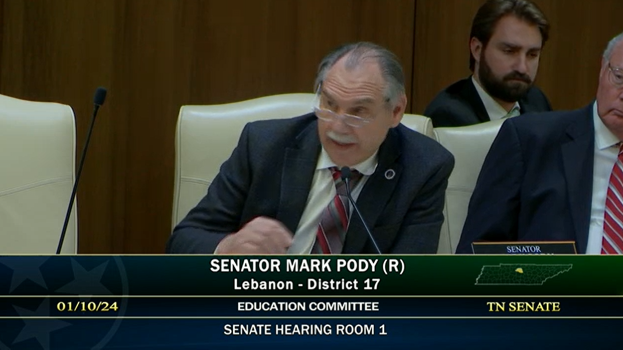 Tennessee Sen. Mark Pody speaks during a Senate Education Committee meeting on Jan. 10, 2023, inside the Cordell Hull building in Nashville, Tenn.