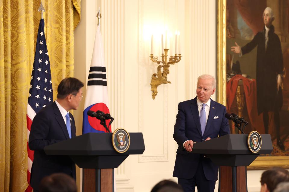 President Joe Biden (R) and South Korean President Moon Jae-in participate in a joint press conference in the East Room of the White House on May 21, 2021 in Washington, DC. Moon Jae-in is the second world leader to be hosted by President Biden at the White House.