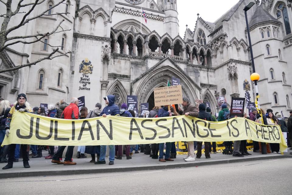 Supporters outside the Royal Courts of Justice in London, during the two-day hearing in the extradition case of WikiLeaks founder Julian Assange (Jonathan Brady/PA) (PA Wire)