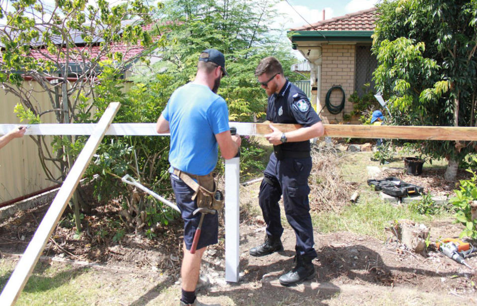 When the officer spoke with the home’s resident and offered to rebuild the fence, she teared up. Source: Queensland Police Service