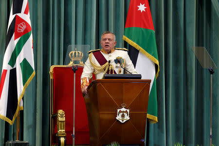 FILE PHOTO: Jordan's King Abdullah speaks during the opening of the third ordinary session of the 18th Parliament in Amman, Jordan October 14, 2018. REUTERS/Muhammad Hamed