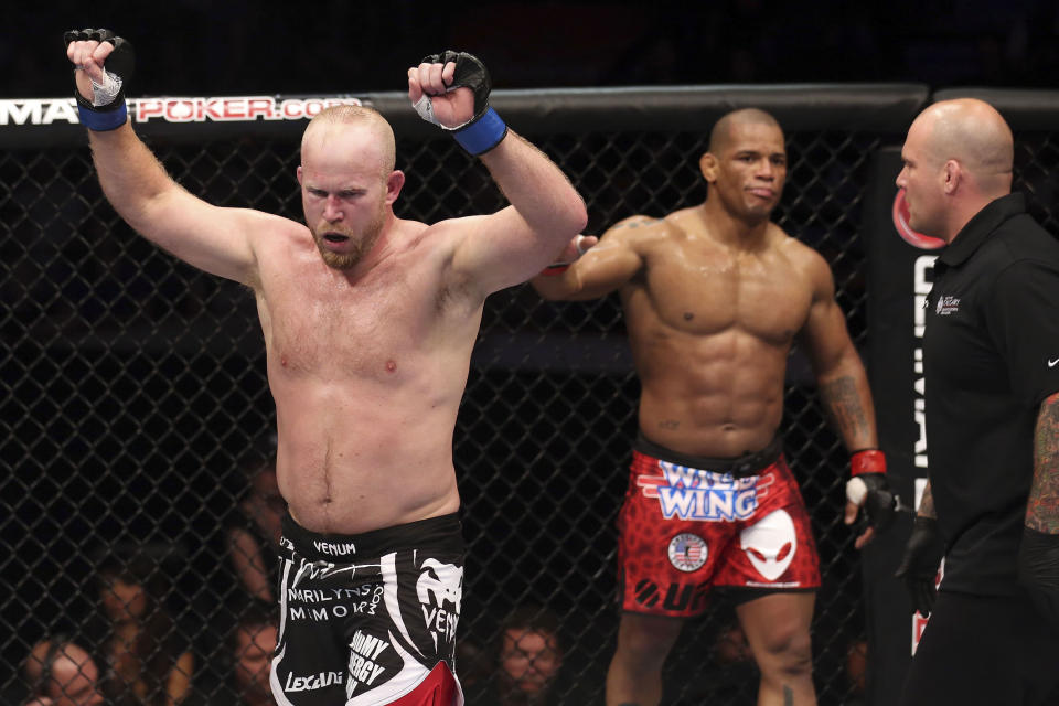 Tim Boetsch celebrates after three rounds fighting against Hector Lombard during their middleweight bout at UFC 149 inside the Scotiabank Saddledome on July 21, 2012 in Calgary, Alberta, Canada. (Photo by Nick Laham/Zuffa LLC/Zuffa LLC via Getty Images)