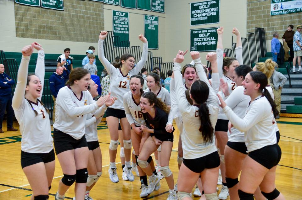 Case celebrates their win over Lynnfield during Tuesday’s semifinals volleyball game.