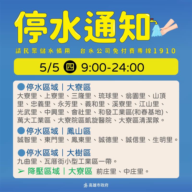 高雄大寮區、鳳山區、大樹區將在5日停水。（圖／翻攝自高雄市政府）