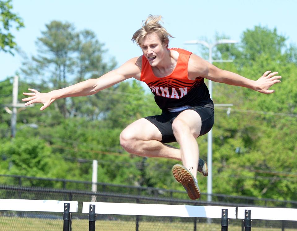 Diman's Jacob Chouinard, wins the 400 meters high hurdle event  during a track meet versus Diman on Thursday, May 20, 2021.  