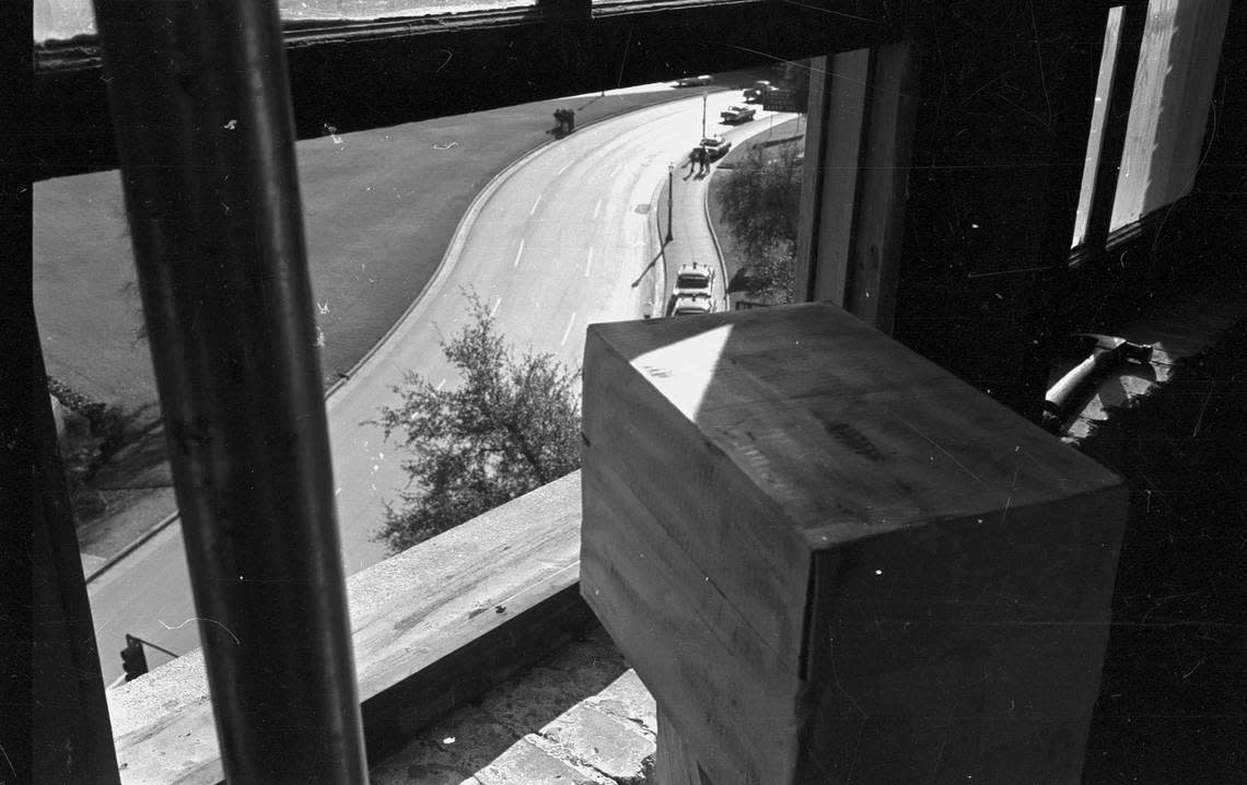 Nov. 22, 1963: View onto Elm Street from sixth-floor window in Texas Book Depository building where Lee Harvey Oswald shot President John F. Kennedy in Dallas.