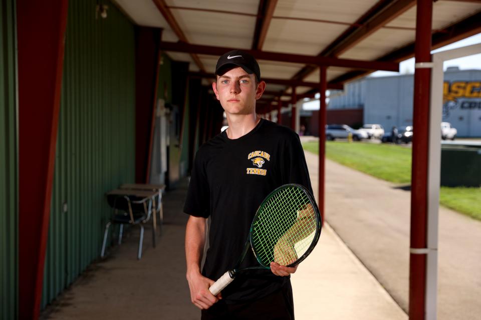 Zach Moore, Cascade’s first-ever state champion in tennis, at Cascade High School, April 28, in Turner.