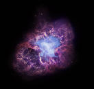 This image, which combines data from the Hubble Space Telescope (visible light), Spitzer Space Telescope (infrared) and Chandra X-ray Observatory (X-rays) shows the Crab Pulsar. The X-ray emissions (in blue) show the location of high-energy phe