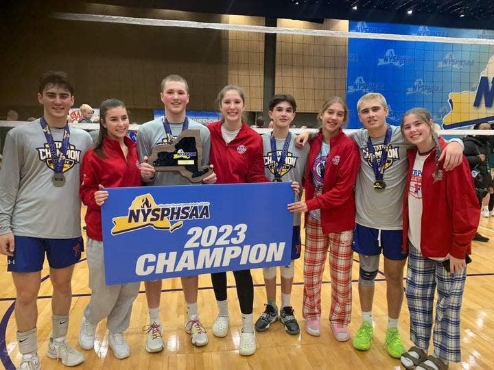 Fairport's boys and girls state championship volleyball teams have four sets of siblings: Jack and Mila Bones, Liam and Delaney Yusko, Adam and Kiera Cornman, Andrew and Avery Howe.