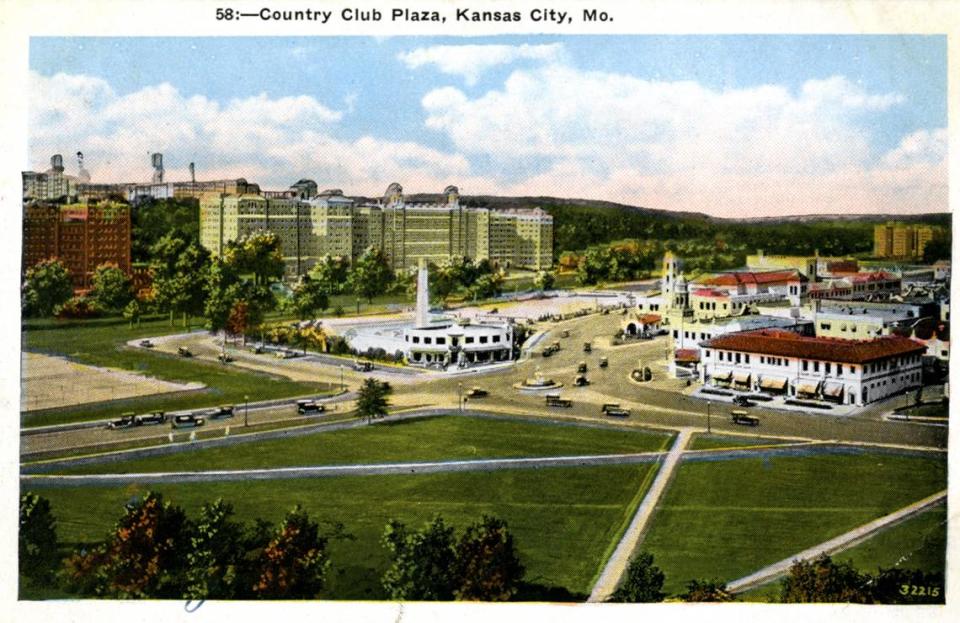 Postcard showing the intersection of 47th Street and Mill Creek Parkway in the 1930s. The white building in the center is the Chandler Landscaping and Floral Company. It was replaced by the Giralda Tower.