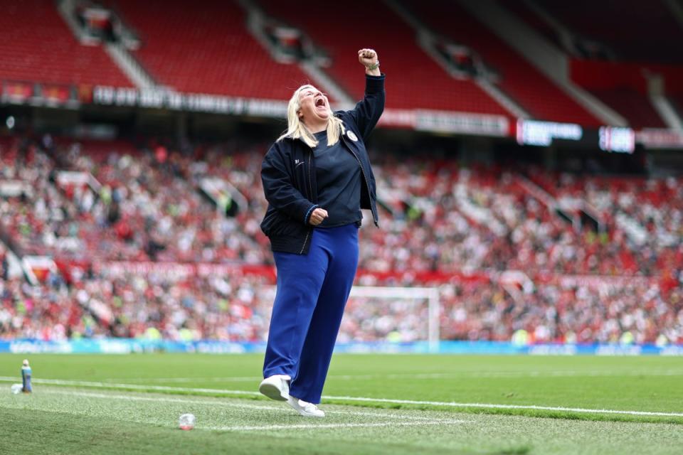 Emma Hayes punches the air as Chelsea thrashed Manchester United to win the WSL (The FA via Getty Images)