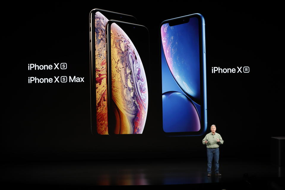 Apple’s three new models, the iPhone Xs, iPhone XR, and iPhone Xs Max are shown during its product event on September 12, 2018. (Reuters)