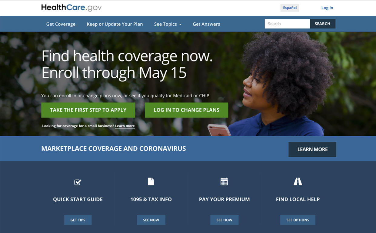 This image shows the main page of the HealthCare.gov website on Monday, Feb. 15, 2021. Health insurance shoppers stuck in a bad plan or unable to find coverage have a new option for help. A sign-up window opened Monday for government insurance markets and runs through May 15 in most U.S. states. (HealthCare.gov via AP)