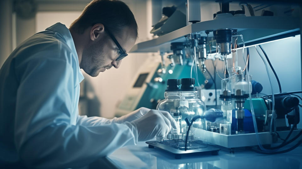 A close-up of a laboratory instrument, with a technician making precise adjustments.