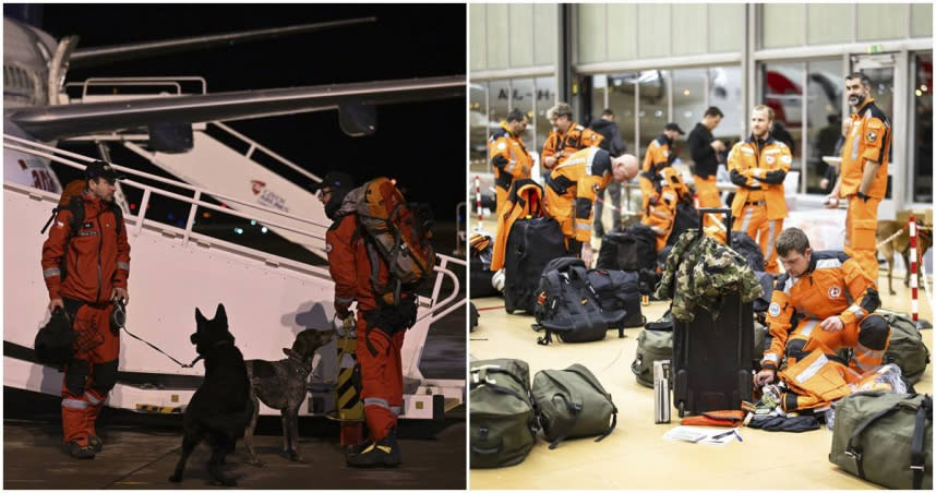 土耳其發生7.8強震，上千人罹難，45個國家提供援助。圖為捷克（左）和瑞士（右）出動搜救隊。（圖／達志／美聯社）