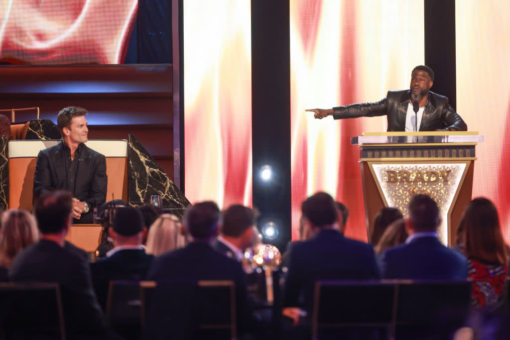 inglewood, california may 05 l r tom brady and kevin hart speak onstage during groat the greatest roast of all time tom brady for the netflix is a joke festival at the kia forum on may 05, 2024 in inglewood, california photo by matt winkelmeyergetty images for netflix