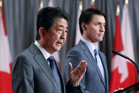 Japan's Prime Minister Shinzo Abe speaks during a news conference with Canada's Prime Minister Justin Trudeau in Ottawa, Ontario, Canada, April 28, 2019. REUTERS/Chris Wattie