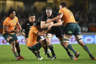 New Zealand's Brodie Retallick runs at the defense during the Bledisloe Cup rugby test match between the All Blacks and the Wallabies at Eden Park in Auckland, New Zealand, Saturday, Sept. 24, 2022. (Andrew Cornaga/Photosport via AP)
