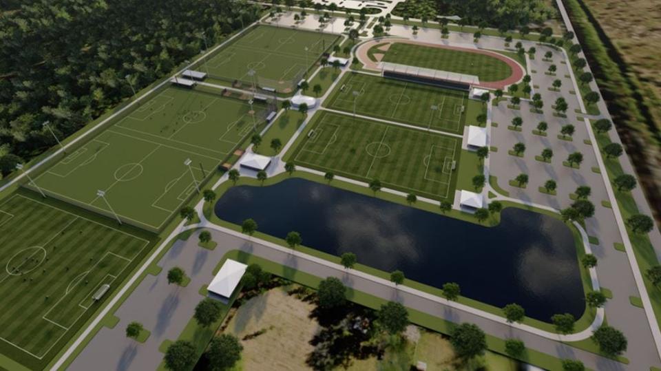 Una representación del sitio de entrenamiento y complejo de fútbol JAXUSL propuesto en el condado de St. Johns, Florida. [Provided by JAXUSL]