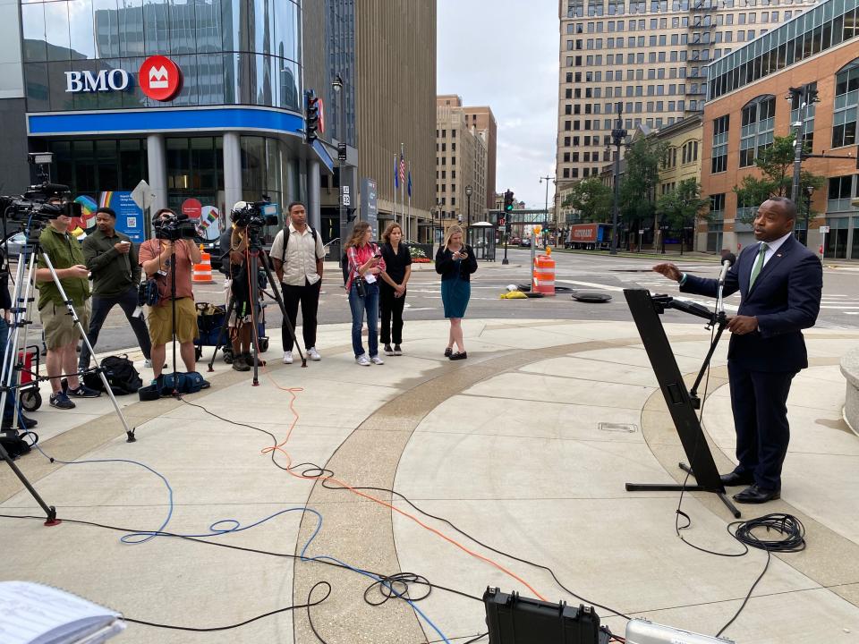 Milwaukee Mayor Cavalier Johnson spoke outside City Hall on Tuesday, July 15, 2024, commenting on Monday's RNC events.