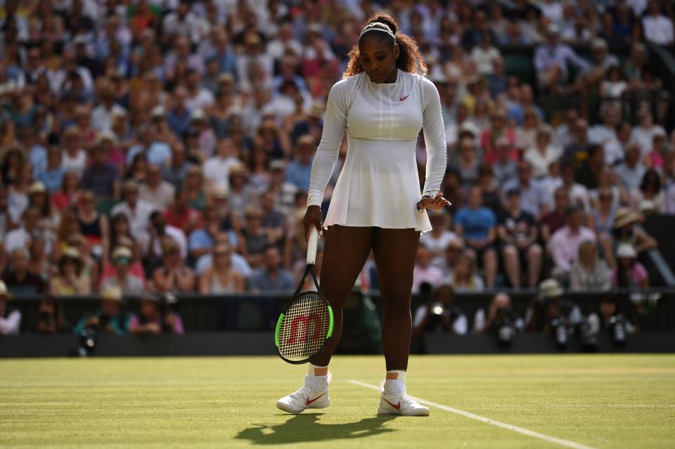 US player Serena Williams reacts against Germany's Angelique Kerber during their women's singles final match on the twelfth day of the 2018 Wimbledon Championships at The All England Lawn Tennis Club in Wimbledon, southwest London, on July 14.