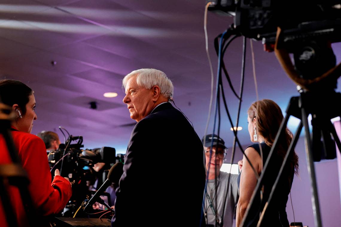 U.S. Sen. Lindsey Graham is interviewed at the South Carolina State Fairgrounds on Saturday, Feb. 24, 2024 for a rally for presidential candidate Donald Trump. Tracy Glantz/tglantz@thestate.com