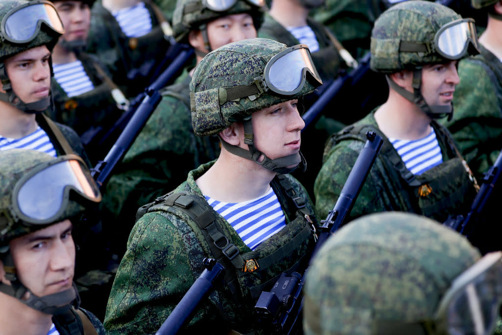 Russian officers and soldiers take part in the general rehearsals of the Victory Day Parade in front of the Kremlin at Red Square, on May 7, 2021 in Moscow, Russia.