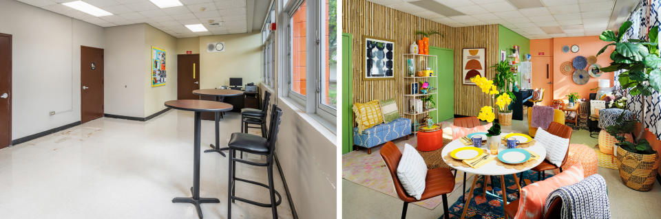 Before and after of the teacher's lounge at Benjamin Franklin K-8 Center.  (HomeGoods)