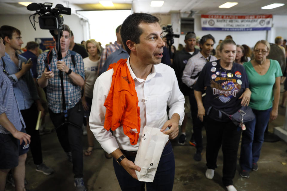 Democratic presidential candidate Pete Buttigieg greets local residents during the Hawkeye Area Labor Council Labor Day Picnic, Monday, Sept. 2, 2019, in Cedar Rapids, Iowa. (AP Photo/Charlie Neibergall)