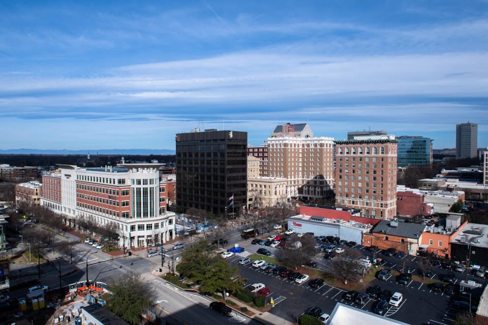 The view from one of the penthouse apartments at the Deca Camperdown apartment building on Falls Street in Greenville.