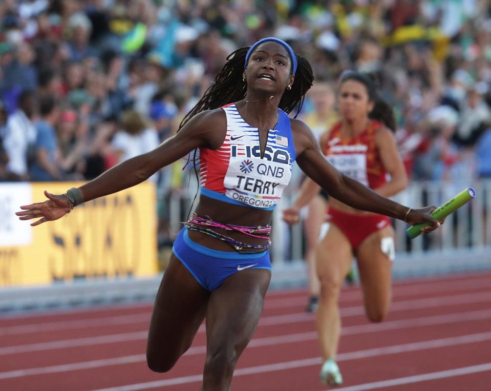 Team USA's Twanisha Terry celebrates the win in the women's 4x100 meter relay at the World Athletics Championships Saturday, July 23, 2022 at a Hayward Field in Eugene, Ore.